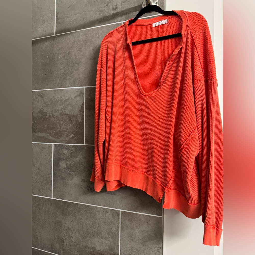 red free people thermal/waffle knit long sleeve top/sweater